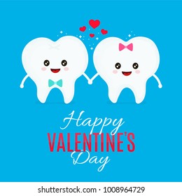 Two loving teeth. Vector flat cartoon illustration character icon design. Isolated on white background. Valentine's Day lovers, card, tooth concept