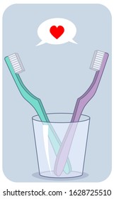 Two loving toothbrushes stand in a transparent glass. Above them is a heart. Vector illustration.