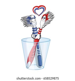 Two loving toothbrushes stand in a transparent glass. Above them is a heart made of toothpaste. Vector illustration in a cartoon style.