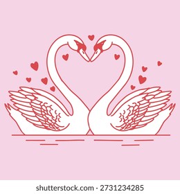 Two Loving White Swans, Romantic Valentines Day, Vector Illustration. Minimalist illustration of two loving white swans symbolizing eternal love and harmony. Romantic Valentines Day design element for cards, invitations and wedding graphics.