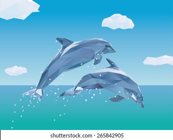 Two Low Poly Dolphins jumping out of the ocean. Vector Illustration of two Dolphins jumping from the sea, some clouds in the sky