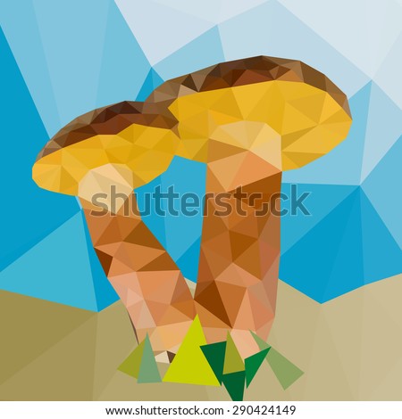 Two low poly mushroom on color background