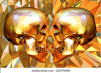 Two Low Polygon Skull In Side View Facing To Each Other On Orange Polygonal Background