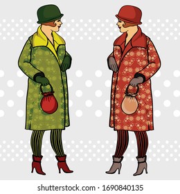 Two low women in colorful retro outfits