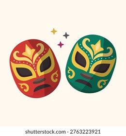 Two Lucha Libre Wrestler Masks with Mexican Cultural Symbols