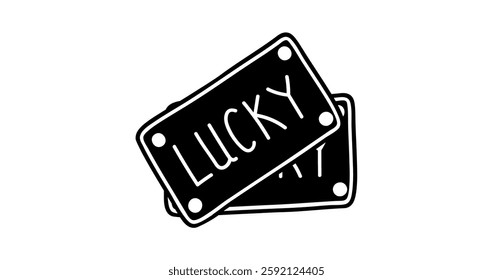 Two "Lucky" license plates in a simple design.. A graphic illustration of two overlapping license plates, featuring the word "LUCKY" in a stylized, handwritten font.