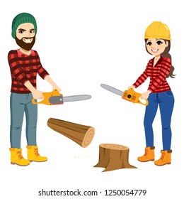 Two lumberjacks felling tree trunk with chainsaw working together