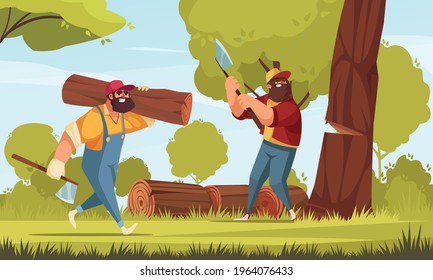 Two lumberjacks in forest chopping down trees with axes and piling logs on grass cartoon vector illustration