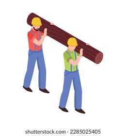 Two lumberjacks in hardhats carrying log isometric icon 3d vector illustration