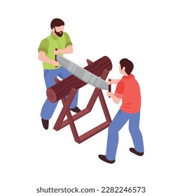 Two lumberjacks sawing log isometric icon vector illustration