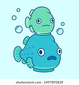 Two lumpsucker fish on top of each other. Cute cartoon lumpfish character drawing. Vector illustration.