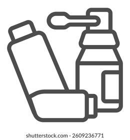 Two lung inhalers line icon, pharmacy concept. Vector graphics. Inhaler jars for fresh breathe sign on white background, outline style icon for mobile or web design