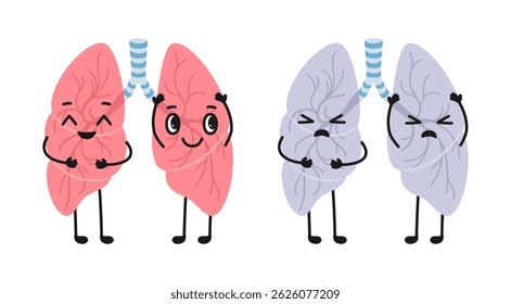 Two lungs mascot healthy and unhealthy cartoon childish illustration. Happy smiley lung and sad sick respiratory internal organ character. Check health human organ poster, vector comic medicine design