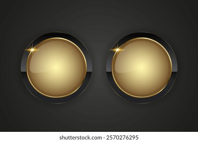 Two luxurious circular button design featuring two golden center with a reflective sheen. Double buttons is outlined by a sleek gold border, complemented by a black background.