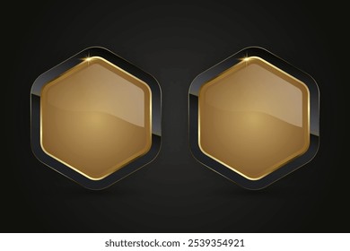 Dos Formas hexagonales de lujo con Botón dorado y negro, conjunto de dos Botones de Web premium Diseño gráfico de Ilustración vectorial