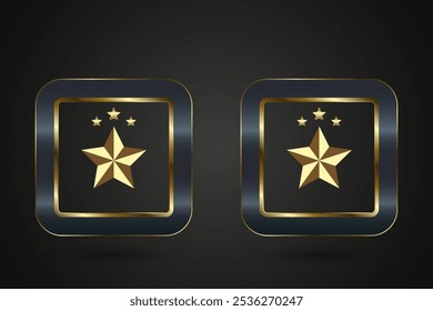 Dois botões de luxo e Premium da estrela check list opções conceito, e conjunto de duas estrelas douradas retângulo fechado em um quadro quadrado arredondado.