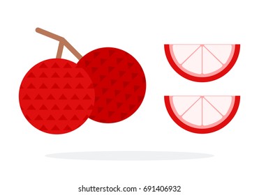 Two lychee fruit on a branch and two lychee wedges vector flat material design isolated on white