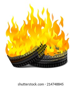 Two lying burning tires revolutionary barricade, eps10 isolated