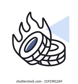 Two lying burning tires revolutionary barricade vector isolated icon. Demonstration, protest, strike, revolution