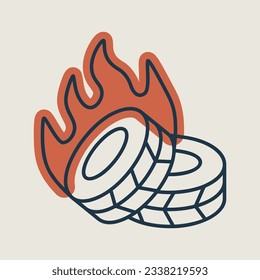 Dos neumáticos ardientes que yacen como un icono aislado del vector de barricada revolucionaria. Manifestación, protesta, huelga, revolución
