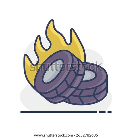Two lying burning tires revolutionary barricade vector isolated icon. Demonstration, protest, strike, revolution