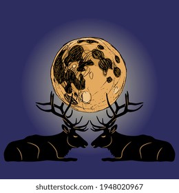 Two lying elks deer holding shining full moon in night sky their antlers  Symmetrical animal design  Creative mythological nature concept 