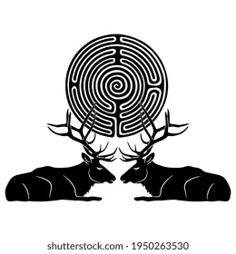 Two lying elks deer holding rpnd spiral maze labyrinth symbol their antlers  Symmetrical animal design  Creative mythological nature concept  Black   white silhouette 