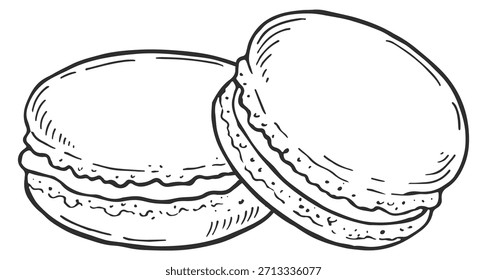 Two macarons are sitting on a white background