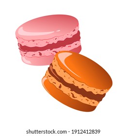 Two macaroon cakes isolated on white background. Sketch colorful graphic macarons cakes illustration, draft silhouette drawing, isolated on white background. Delicious vintage etching food design.