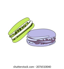 Two macaroons green and purple, simple coloured black linear sketch isolated on white background. Vector illustration, concept for logo, label, symbol, card, banner, poster, flyer