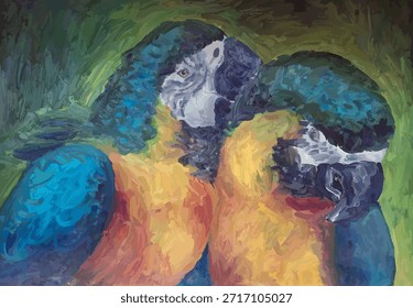 Dos loros de guacamaya sentados uno al lado del otro en una rama. Estilo de pintura.