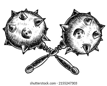 Dos máscaras de estilo boceto sobre un fondo blanco. Ilustración vectorial con armas puntiagudas. Imagen bursátil de un símbolo de poder y lucha.