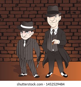 Two mafia standing on brick wall. wear hat and hold gun. vector illustration isolated cartoon hand drawn background