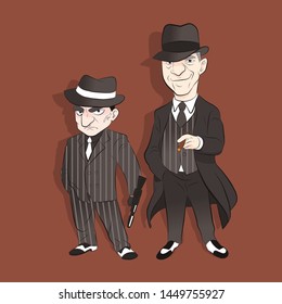 Two mafia standing on brown background. wear hat and hold gun. vector illustration isolated cartoon hand drawn background