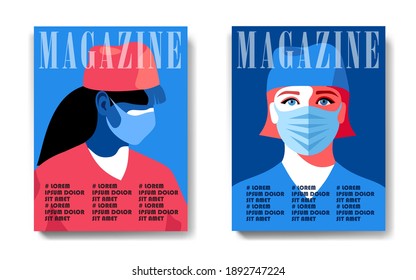 Dos diseños de portada de revista, concepto de pandemia de coronavirus. Mujeres como doctoras o enfermeras, con vestidos médicos y máscaras faciales. Ilustración del vector