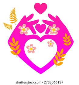 Dos manos magenta creando un marco de corazón rodeado de hojas y flores amarillas