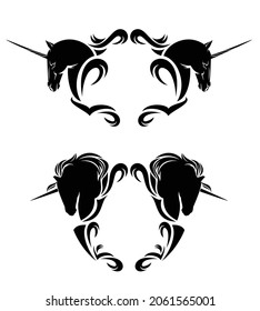 two magic unicorn horses and heraldic style copy space blank frame - fairy tale animal black and white vector decor design set
