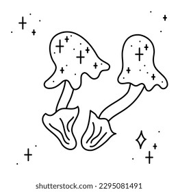 Two magical fly agaric mushrooms surrounded by stars. Doodle vector illustration, clipart.