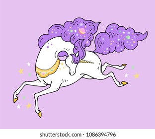 Two Magical Unicorns cute vector illustration - card, shirt design. Illustration in violet colors on pink background. Print for t-shirt. Romantic hand drawing illustration for children and girls