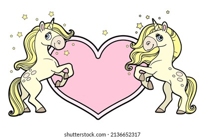 Two magical unicorns stand on their hind legs near the heart postcard color variation picture for coloring book