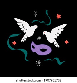 Two magician's doves and mask surrounded by flying ribbons over black background. Trendy colored flat design about games and tricks. Vector contemporary design.