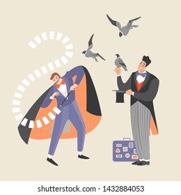 Two magicians show tricks with cards and birds. Isolated cartoon characters