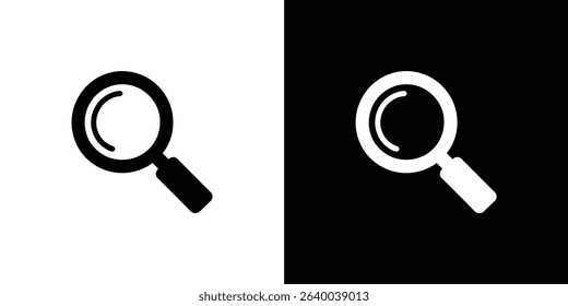 Two magnifying glass icons, one black on a white background, and one white on a black background. Simplistic, minimalist design with clean lines, perfect for icon sets.