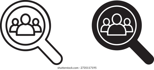 Two magnifying glasses highlighting groups of people in a visual representation of social analysis. isolated on white background, illustration