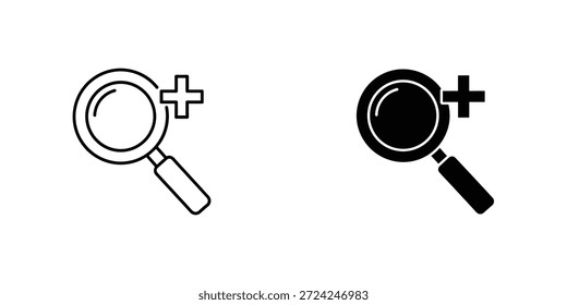 Zwei Lupen mit Pluszeichen, eine in schwarz-weiß und die andere in negativem Raum, die Suche und Ergänzung symbolisieren.