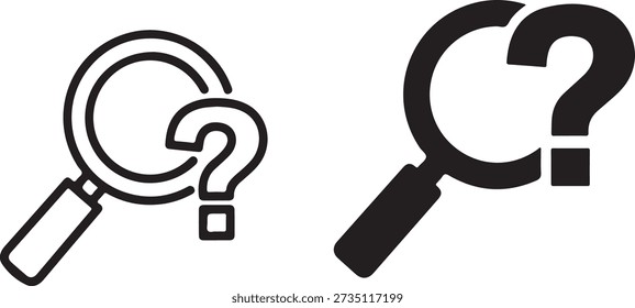Dos lupas con signos de interrogación en el centro, uno en blanco y negro y el otro gris aislado sobre fondo blanco, ilustración
