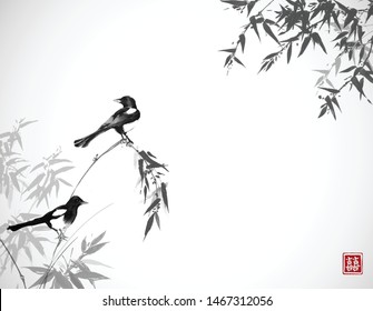 Two magpie birds on bamboo trees. Traditional Japanese ink wash painting sumi-e.  Hieroglyph - double luck.