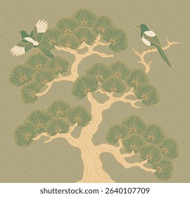 Two Magpies and a Pine Tree in Traditional East Asian Illustration Style