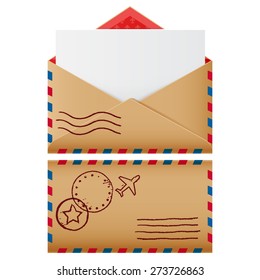 Two mail icons, open envelope with blank letter, vector isolated realistic symbol of communication