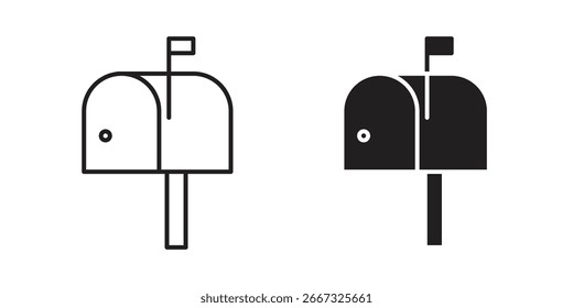 Dos iconos de buzón: una línea de arte, un negro sólido. Ambos cuentan con una bandera. Aislado en blanco.